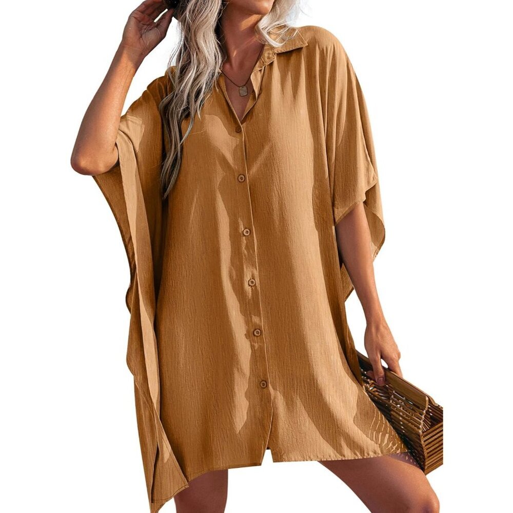 Women Camel Sleeve Beachwear Bikini Button Down Oversized Cover Up Shirt